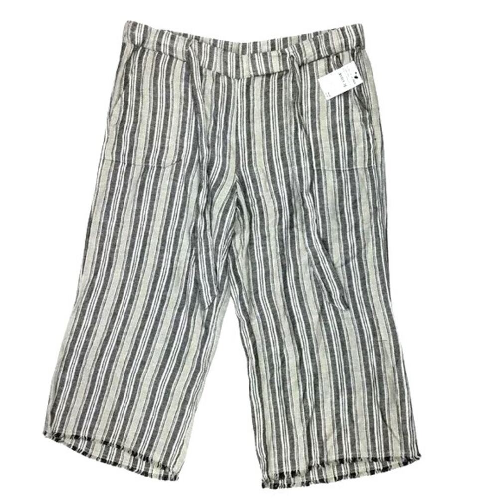 Caslon Cropped Linen Blend Raw Hem Pants Sz Large in Black/Khaki Stripe NWT